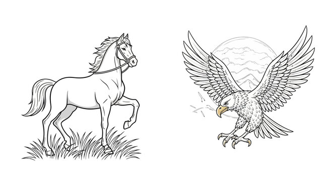 A stylized vector illustration of a wild white stallion pegasus with majestic wings, featuring a fantasy silhouette design of the mythical mammal in a clean cartoon sketch art style