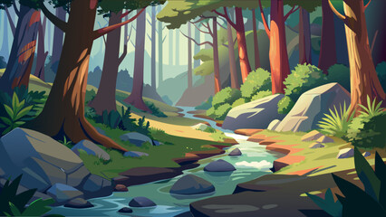 Naklejka premium Enchanted Forest Landscape with Path and Magical Light Concept Art