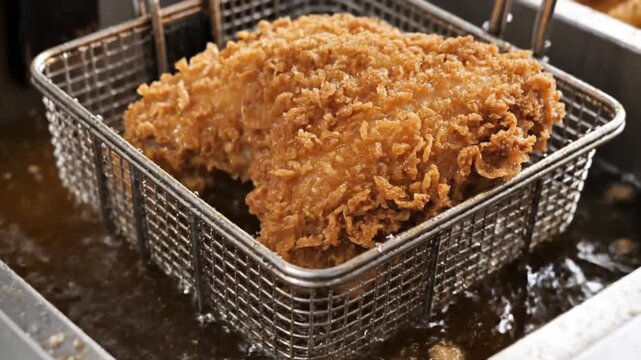 Crispy Fried Chicken Cooking in Hot Oil in a Deep Fryer Basket.