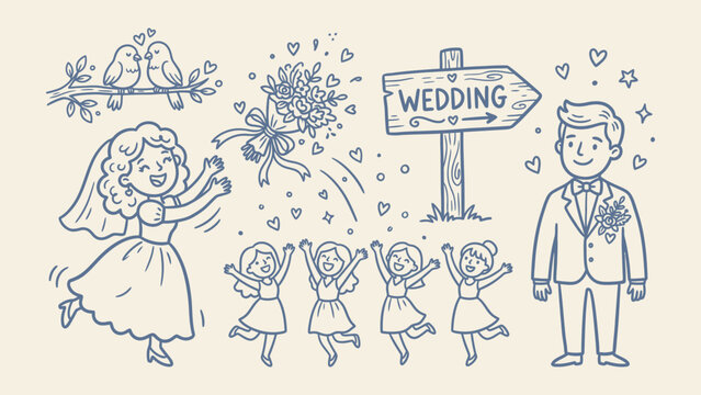 Wedding doodle vector set featuring bride throwing bouquet, groom, bridesmaids, and lovebirds. Ideal for marriage invitations and bridal shower cards