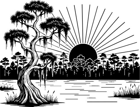 Black and white woodcut style swamp landscape with sun and trees