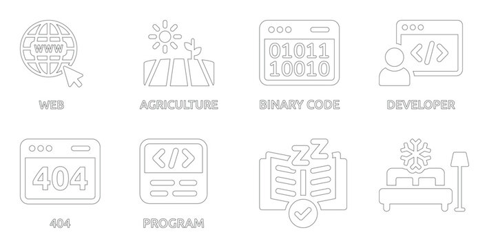Set of Technology and Lifestyle Web, Agriculture, Code, Developer, 404, Program, Sleep, and Cold