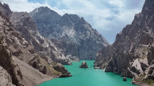 Angled Aerial View of Kel-Suu Canyon Lake with Rock Islands