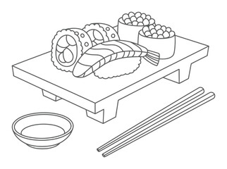 Simple Line of Sushi Platter with Chopsticks and Soy Sauce Dish © Hasan