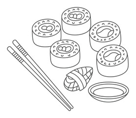 Simple Line of Sushi, Chopsticks, and Soy Sauce Dish © Hasan
