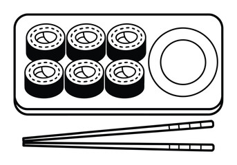 Simple Line of Sushi Rolls, Chopsticks, and a Plate © Hasan