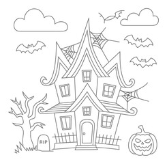 Fototapeta premium Spooky Halloween Haunted House Coloring Page with Bats and Pumpkin