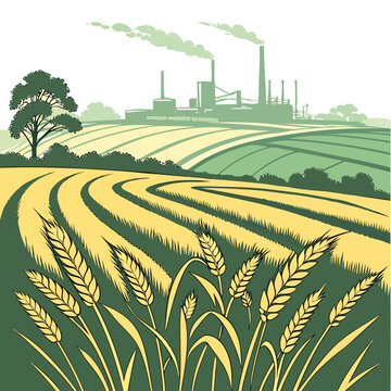 farmland landscape with factory in the distance vector illustration high quality