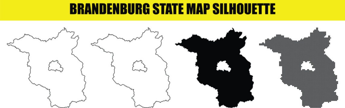 Brandenburg state map silhouette icon collection featuring solid black outline contour and dot pattern shapes isolated on transparent background design set.