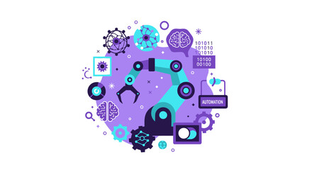 Obraz premium Industrial Automation and Artificial Intelligence Concept Illustration with Robotic Arm, Brain, and Data Icons for Industry 4.0 and Smart Manufacturing