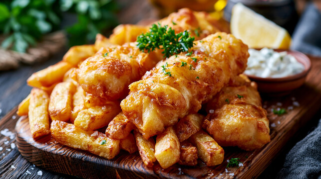 Fish and chips, crispy battered fish served with fries and tartar sauce 