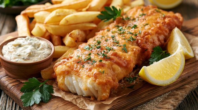 Fish and chips, crispy battered fish served with fries and tartar sauce 
