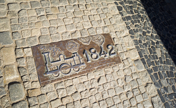 Wroclaw, Poland, 24th April 2026, 1842 railway history plaques in floor on Plak Nankiera