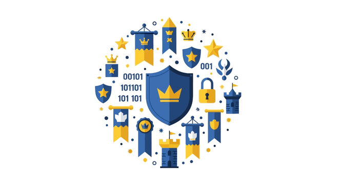 Cyber Security Shield and Data Protection Concept with Heraldic Medieval Icons, Binary Code, and Padlock in Flat Vector Style for Enterprise Safety and Digital Defense