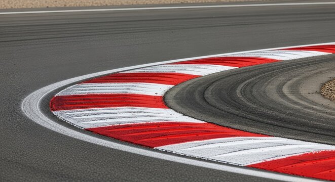 A detailed close up of a textured red and white striped rumble strip on a sharp turn of a professional asphalt racing circuit in daylight, circuit, red, race