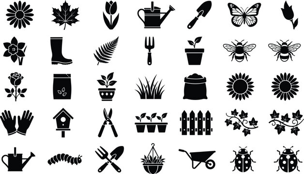 Garden tools and plant care glyph vector icons, gardening hobby and landscaping silhouette