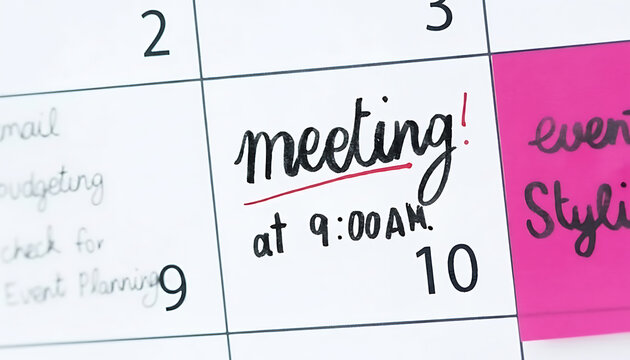 Close-up of calendar with meeting reminder at 9:00 AM