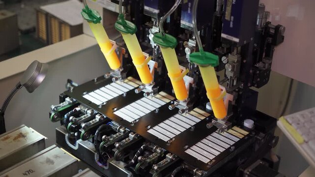 Process of applying light element to panel. Robotic production of LED strips and printed circuit boards. Automated electronics manufacturing. High-tech printed circuit board assembly. Pattern.