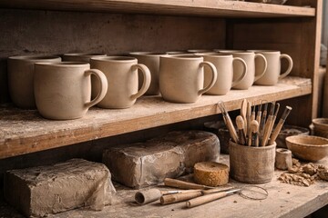 Fototapeta premium Handcrafted Pottery Mugs and Tools in a Clay Workshop