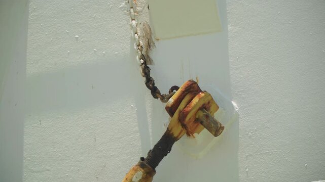 Corroded cable lug on white deck surface showing rust flakes, braided wire termination, yellow metal terminal with insulation tape, soft natural light, inspection mood, textures of oxidation and aging