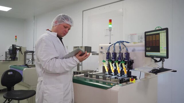 A programmer programs LED strip manufacturing equipment, CNC machine. Setting up the installed equipment for smooth and precise operation. Technical support. Equipment and machine setup workflow.