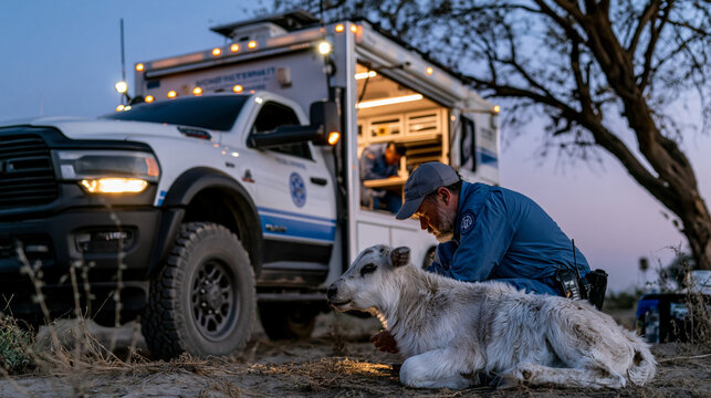 A mobile veterinary unit is parked at the edge of a drought-affected ranch, a team stabilizing a malnourished heifer inside the open rear compartment under portable LED lighting, ideal for large ani