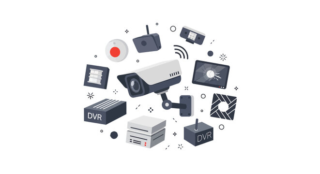 Security Surveillance System Equipment Concept with CCTV Camera, DVR, Digital Video Recorder, and Monitoring Sensors Flat Vector Illustration