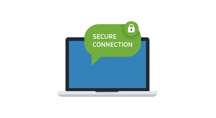 Fototapeta premium Laptop computer with secure connection notification bubble and padlock icon representing data privacy and cybersecurity on a white background.