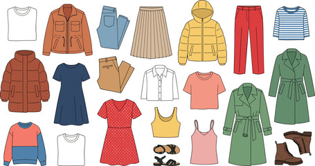 Colorful Flat Style Women Fashion Clothing Collection Set with Casual Seasonal Outfits Apparel and Accessories on White Background © MdImran