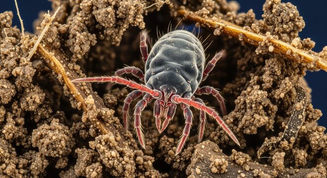 A detailed microscopic view of soil-dwelling mites and microarthropods featuring sharp pincers amidst organic dust and earth particles, forest, organic, macro