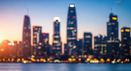 Naklejka premium Blurred Cityscape at Sunset with Vibrant Lights and Modern Architecture.