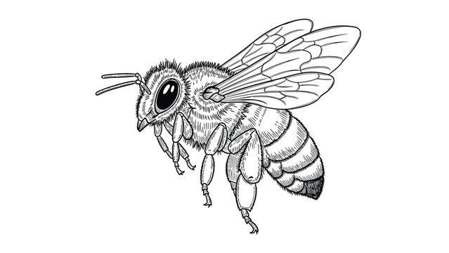 Detailed black and white engraving of a honey bee highlights its hairy body, transparent wings, and segmented legs in a scientific way.