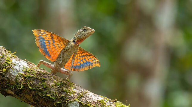 Rare Draco lizard flying dragon with colorful wings extended on a mossy branch in the rainforest with copy space