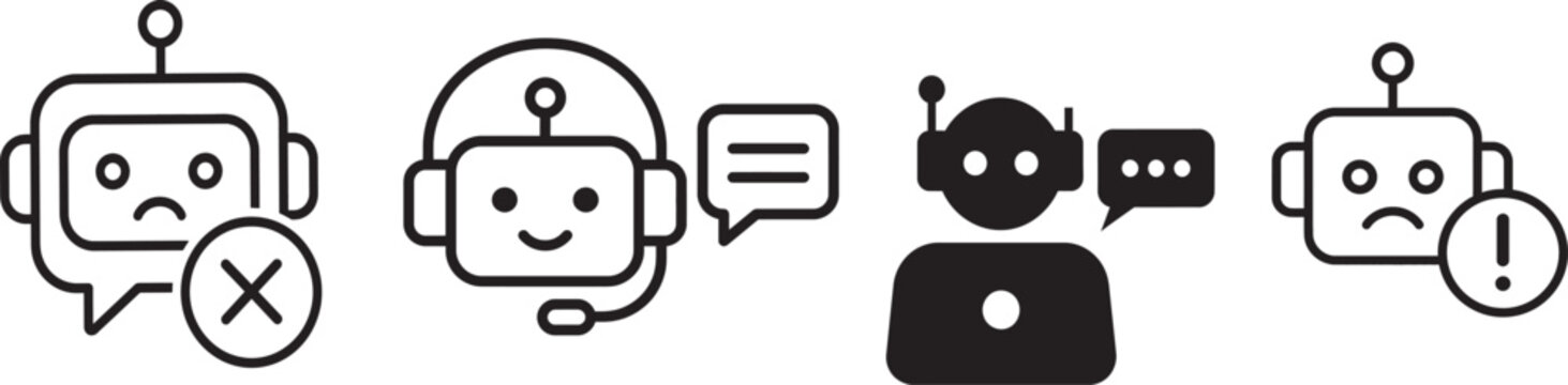 Ai chatbot icons set, Four robot icons with speech bubbles in a black and white illustration
