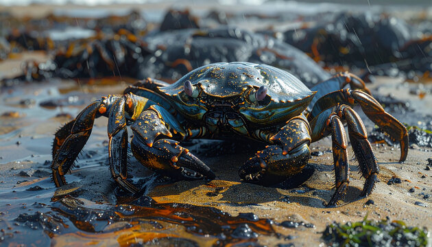 A common shore crab with a dark, textured shell and prominent claws navigates the wet, sandy beach, captured in a detailed close-up with a soft-focus background, highlighting coastal marine life