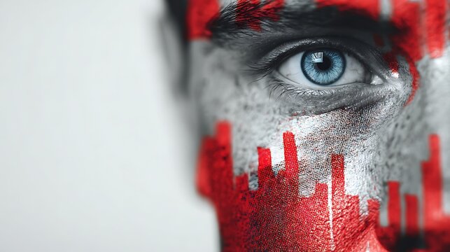 Close-up of a blue eye on a textured face painted with red markings, blending human features with abstract digital or artistic elements.
