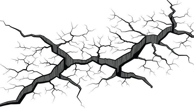 Black and white illustration of deeply cracked dry earth representing drought, geological fault lines, or earthquake damage.