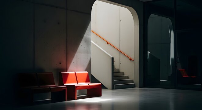 Modern office lobby with red designer seats and concrete stairs. Architectural interior lighting and professional space. Red chairs in a minimalist corporate hallway