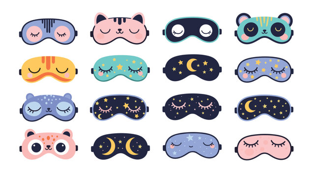 Variety of colorful sleep masks with animal faces, stars, and moon patterns isolated on a white background for relaxation products.
