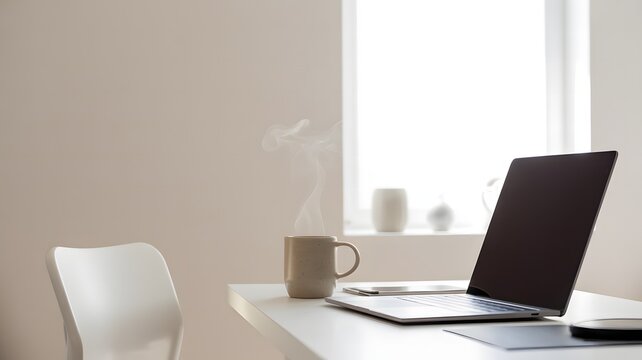 A modern office workspace with a laptop on a desk beside a coffee cup in a clean and quiet room