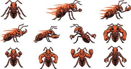 Fierce Orange Muscular Ant Mascot Collection Set in Various Aggressive Action Pose and Flame © MstLaky
