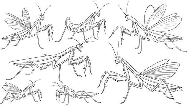 Collection of several praying mantis insect sketches in different poses and angles for biological and entomological study material.