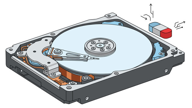 Internal components of a computer hard disk drive and a magnet with magnetic field lines for data storage and hardware concepts.