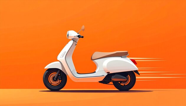 white retro scooter speeding on vibrant orange gradient background motion blur