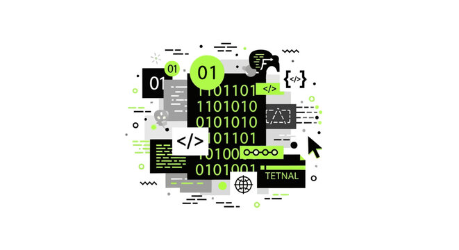Modern Software Development and Web Coding Illustration Featuring Binary Data, Programming Symbols, and Abstract Digital Technology Icons