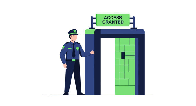 Security Guard Standing by Access Control Gate with Access Granted Sign Vector Illustration