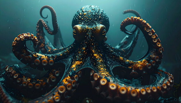Mysterious Giant Octopus Emerging from the Deep Sea Darkness with Glowing Tentacles