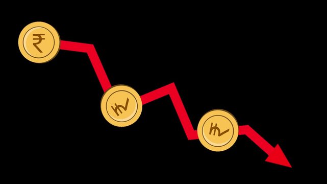 indian rupee decline market crash economic downturn falling graph alpha channel animation
