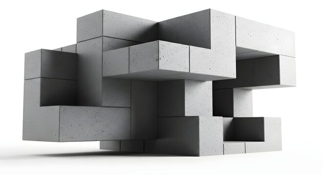 Abstract concrete block composition on white background. Minimalist architecture and structural design. Geometric gray cubes stacked in a brutalist artistic arrangement