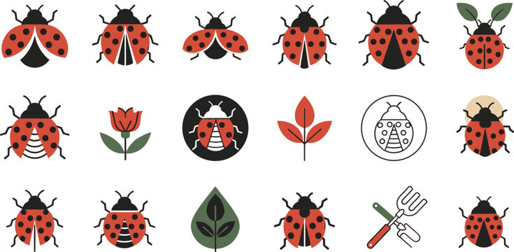 Bold Flat Style Ladybug Icon Set with Flower Leaf and Garden Tool Design Elements Collection